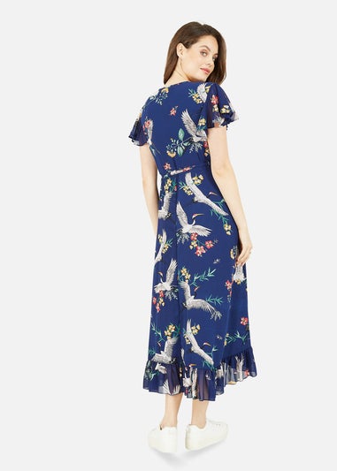 Yumi Navy Frill Crane Wrap Midi Dress - Matalan