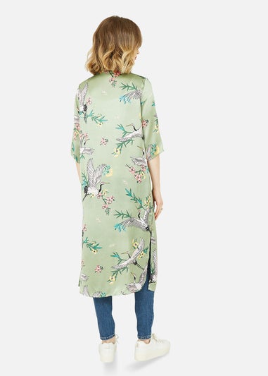 Yumi Khaki Crane Satin Kimono