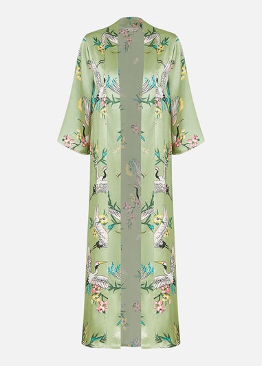 Yumi Khaki Crane Satin Kimono