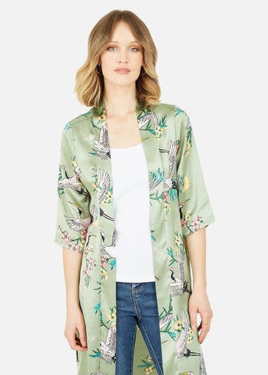 Yumi Khaki Crane Satin Kimono