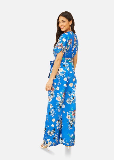 Yumi Blue Satin Floral Wrap Jumpsuit With Kimono Sleeve