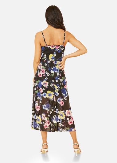 Yumi Black Floral Strappy Midi Dress With Split Hem