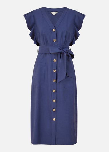 Yumi Navy Linen Blend Midi Shirt Dress