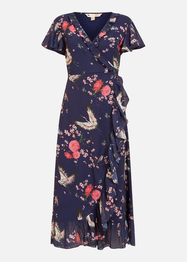 Yumi Navy Satin Crane Print Wrap Dress