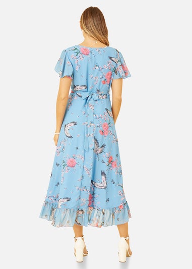 Yumi Blue Satin Crane Print Wrap Dress