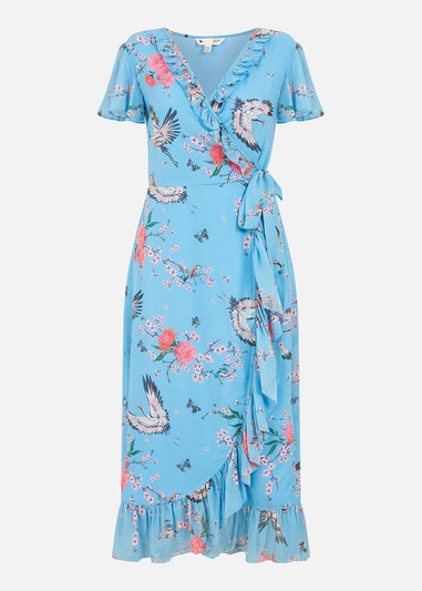 Yumi Blue Satin Crane Print Wrap Dress