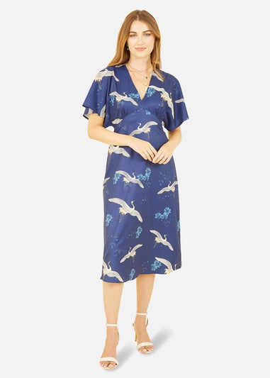 Yumi Navy Crane Print Kimono Midi Dress