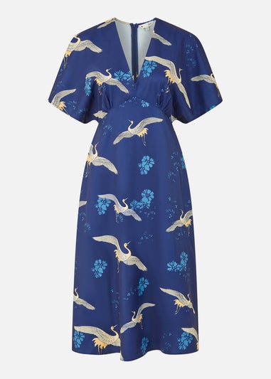 Yumi Navy Crane Print Kimono Midi Dress