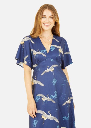 Yumi Navy Crane Print Kimono Midi Dress