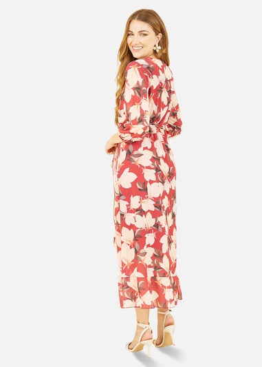 Yumi Red Blossom Wrap Midi Dress With 3/4 Sleeves