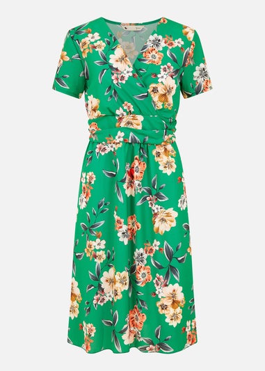 Yumi Green Floral Ruched Waist Dress