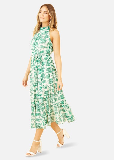 Yumi Green Leaf Print Halter Neck Midi Dress