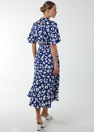 Blue Vanilla Navy Angel Sleeve Wrap Ruffle Midi Dress