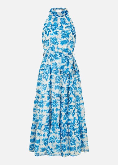Yumi Blue Leaf Print Halter Neck Midi Dress
