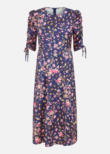 Yumi Navy Animal Floral Print Ruched Sleeve Midi Dress