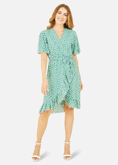 Mela Green Ditsy Floral Frill Wrap Dress