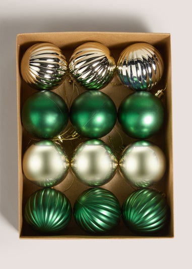 12 Pack Green & Gold Baubles