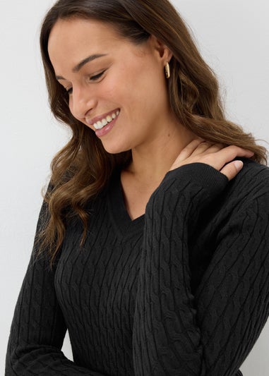 Black Cable Knit V Neck Jumper