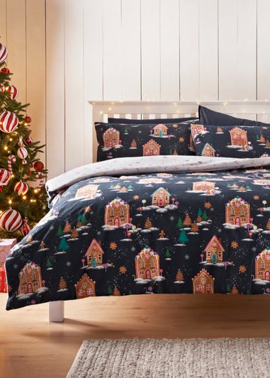 Joyful Navy Gingerbread House Brushed Duvet Set