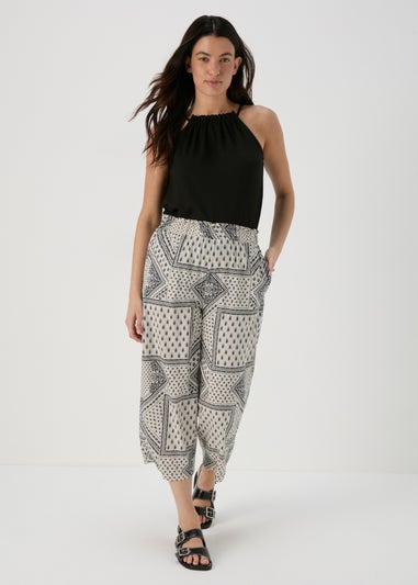 Black Mono Scarf Print Viscose Wide Leg Trousers