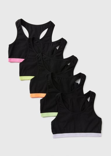 5 Pack Girls Black Neon Trim Crop Tops (6-13yrs)