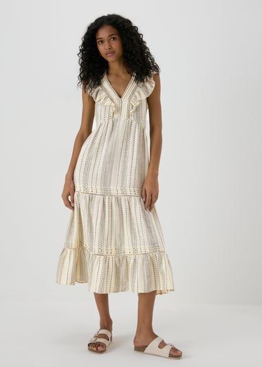 Cream Dobby Stripe Frill Midi Dress