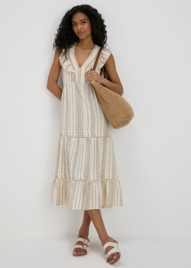 Cream Dobby Stripe Frill Midi Dress