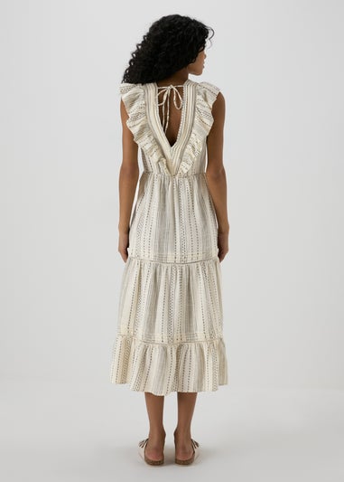 Cream Dobby Stripe Frill Midi Dress