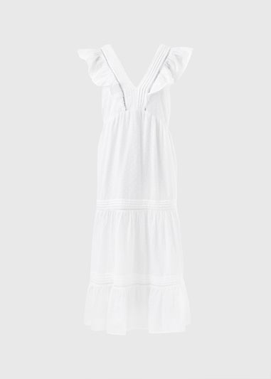 White Spot V-Neck Frill Midi Dress