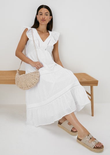 White Spot V-Neck Frill Midi Dress