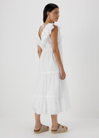 White Spot V-Neck Frill Midi Dress