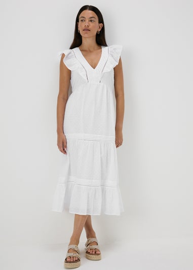 White Spot V-Neck Frill Midi Dress