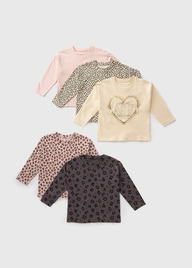 5 Pack Girls Leopard Print Long Sleeve Tops (1-7yrs)