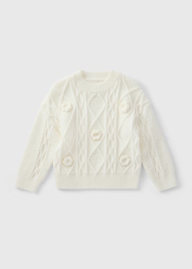 Girls Cream Flower Cable Knit Jumper (1-7yrs)