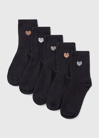 5 Pack Black Heart Embroidered Crew Socks