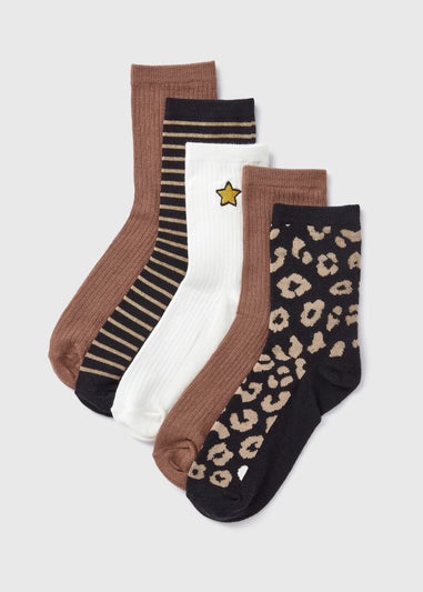 5 Pack Brown Animal Trend Crew Socks