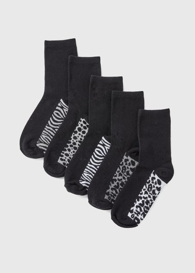 5 Pack Black Animal Print Crew Socks