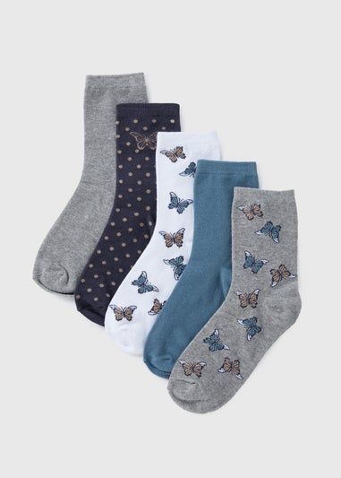 5 Pack Grey Butterfly Crew Socks