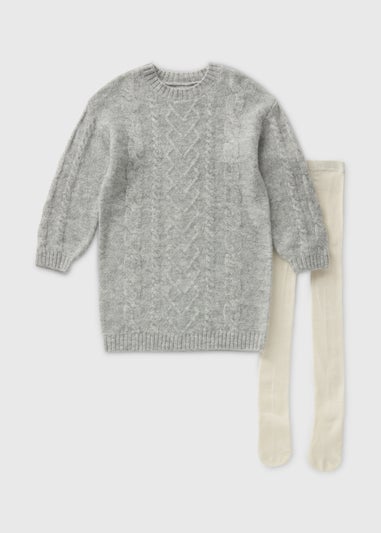 Girls Grey Cable Knit Dress & Tights Set (1-7yrs)