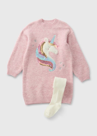 Girls Pink Knitted Unicorn Dress & Tights (1-7yrs)