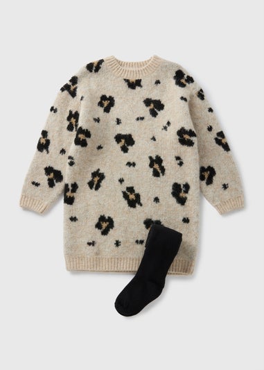 Girls Beige Leopard Knit Dress & Tights (1-7yrs)