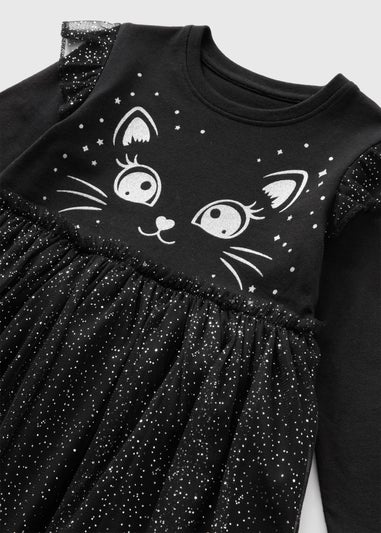 Girls Black Cat Mesh Dress 1 7yrs Matalan