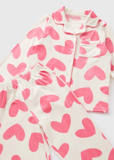 Girls Cream Velour Heart Pyjama Top & Bottoms (7-13yrs)