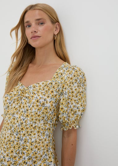 Yellow Floral Ruched Midi Dress