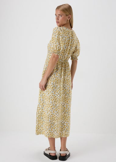 Yellow Floral Ruched Midi Dress