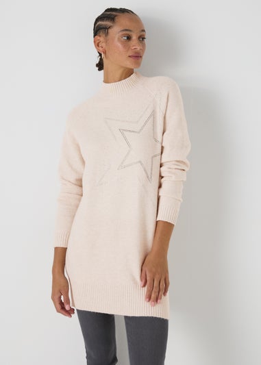 Wondrous Beige Star Embellished Knitted Tunic