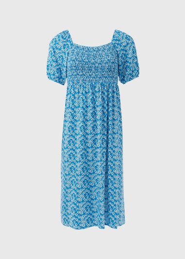 Blue Square Neck Shirred Midi Dress