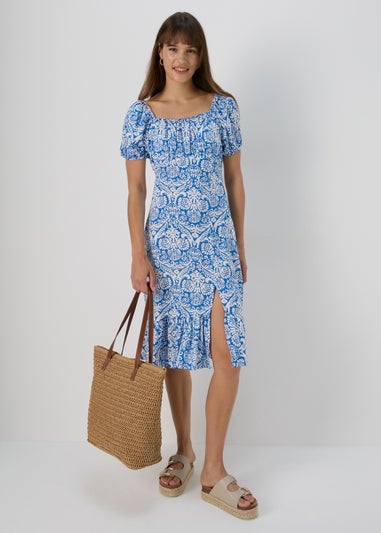 Blue Frill Hem Square Neck Midi Dress