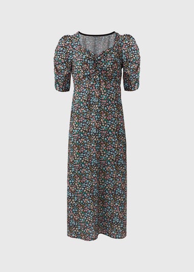 Black Ruched Front Woven Midi Dress