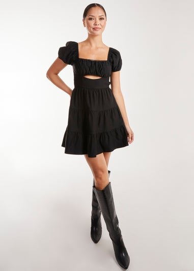 Pink Vanilla Black Puff Sleeve Peekaboo Tiered Mini Dress